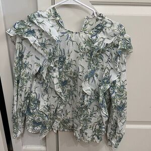 Zara Floral Ruffle Blouse - White and Green